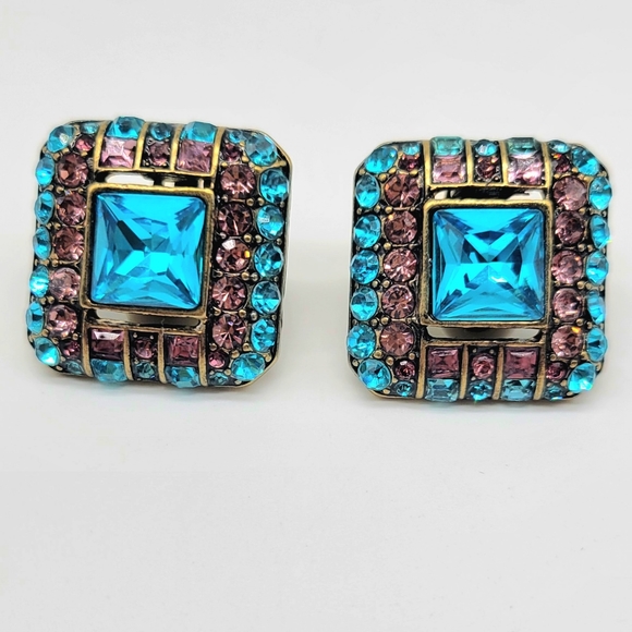 Heidi Daus Blue Topaz+Amethyst Swarovski Crystal Oversized Square Clip Earrings - Picture 5 of 13
